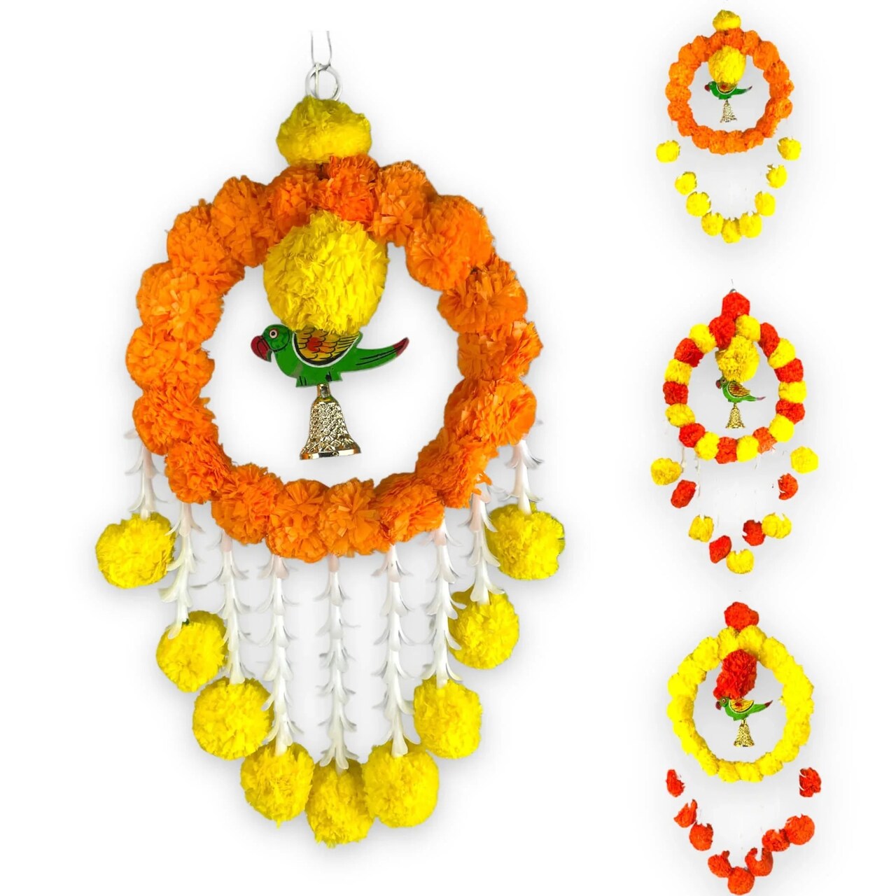Pack of 1 Parrot Marigold Hanging Jhoomer Marigold Wall Hanging Artificial Flowers Wedding Garland Pooja Backdrop Indian Mehndi Decor Diwali Decor Latkan